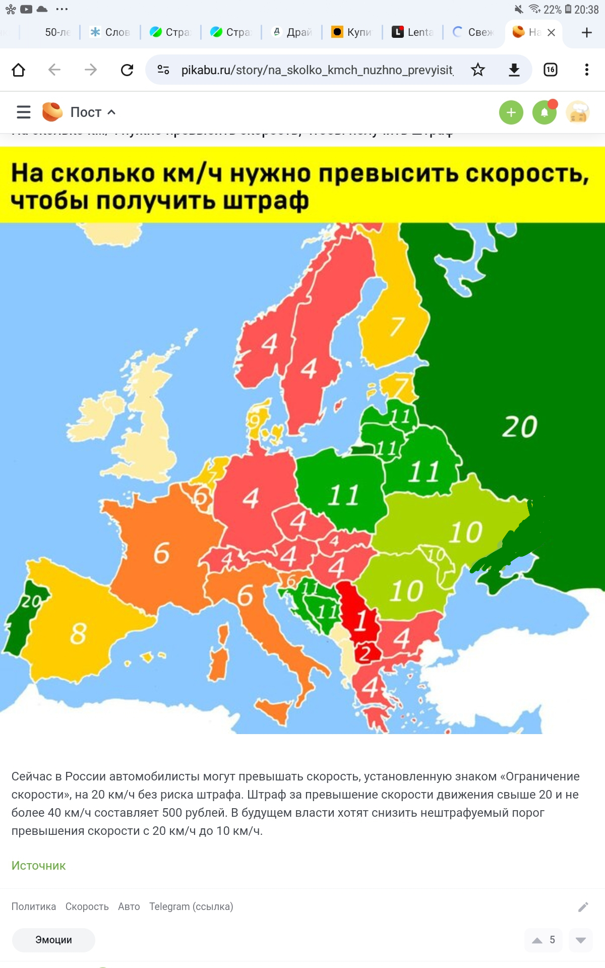 На сколько км/ч нужно превысить скорость, чтобы получить штраф | Пикабу