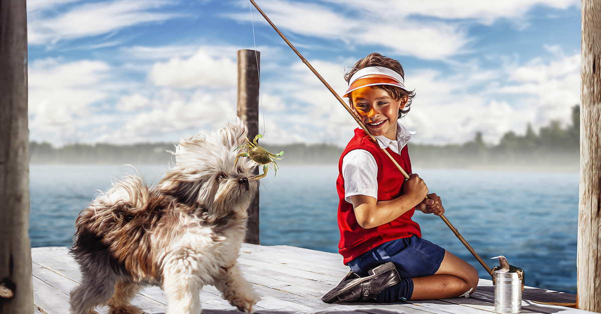 Dog fishing. Мальчик собачка рыбалка фото.