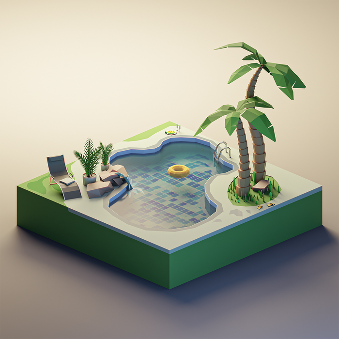 Тропический бассейн Low Poly Blender, 3D, Арт, Изометрия, Компьютерная графика, Бассейн, Тропики, Пальмы