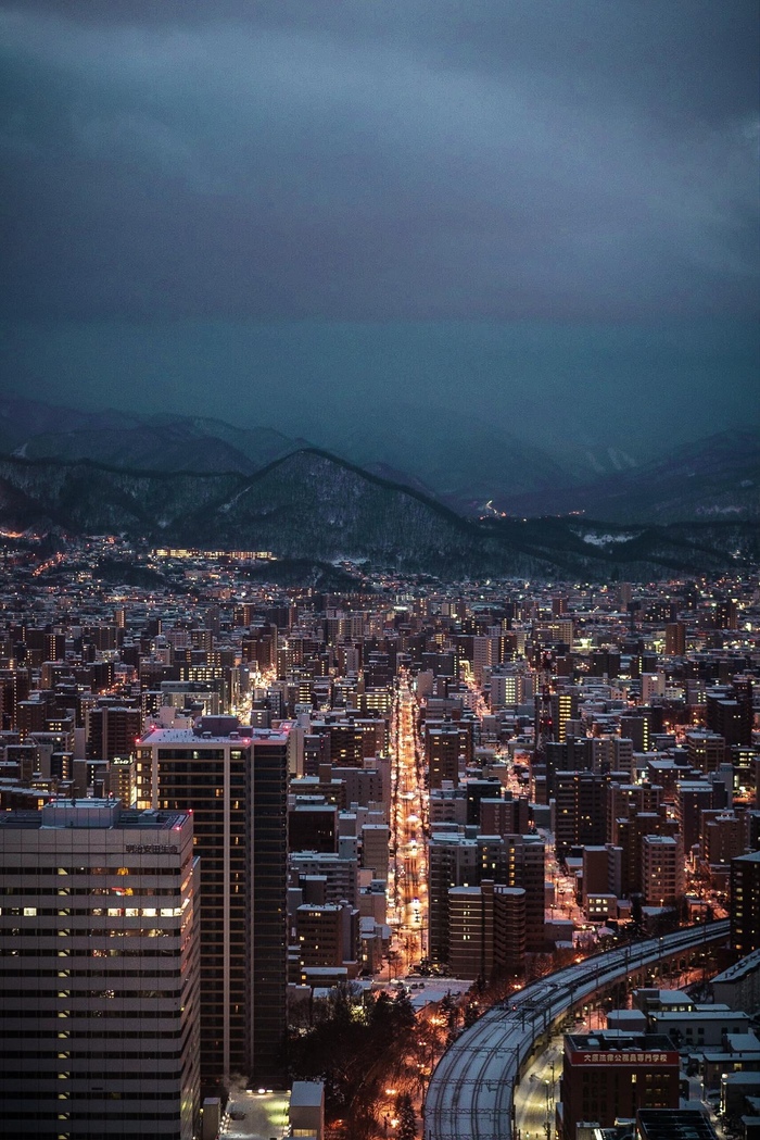 Вид на вечерний зимний Хоккайдо