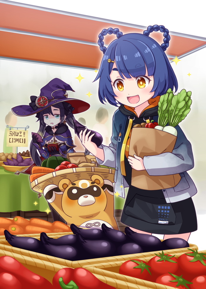 Mona &Xiangling Genshin Impact, Mona (Genshin Impact), Xiangling, Anime Art, , 