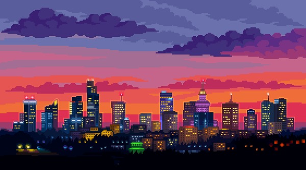 Вечерний город Пиксель, Pixel Art, Гифка, Ночной город