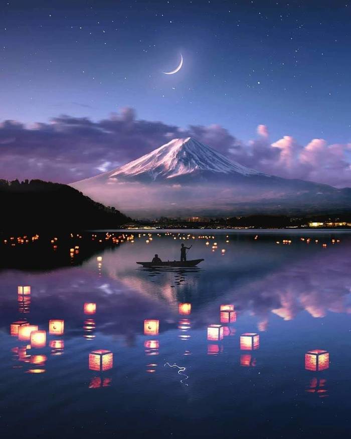 Magical view of Mount Fuji at sunset. Japan