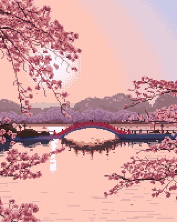 Озеро Pixel Art, Пиксель, Анимация, Сакура, Вишня, Озеро, 8 бит, 16 бит, Гифка, Длиннопост
