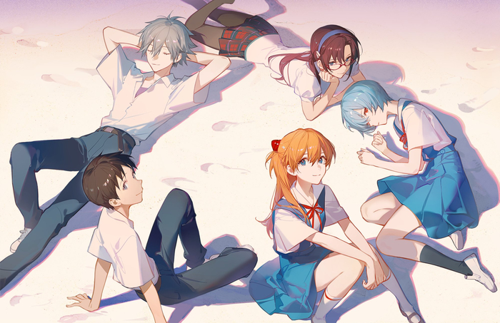 Evangelion art , Anime Art, Evangelion, Shinji Ikari, Nagisa Kaworu, Makinami Mari, Rei Ayanami, Asuka Langley, 