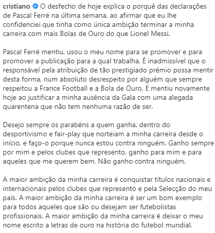 Роналду отправил длинный пост в социальных сетях...