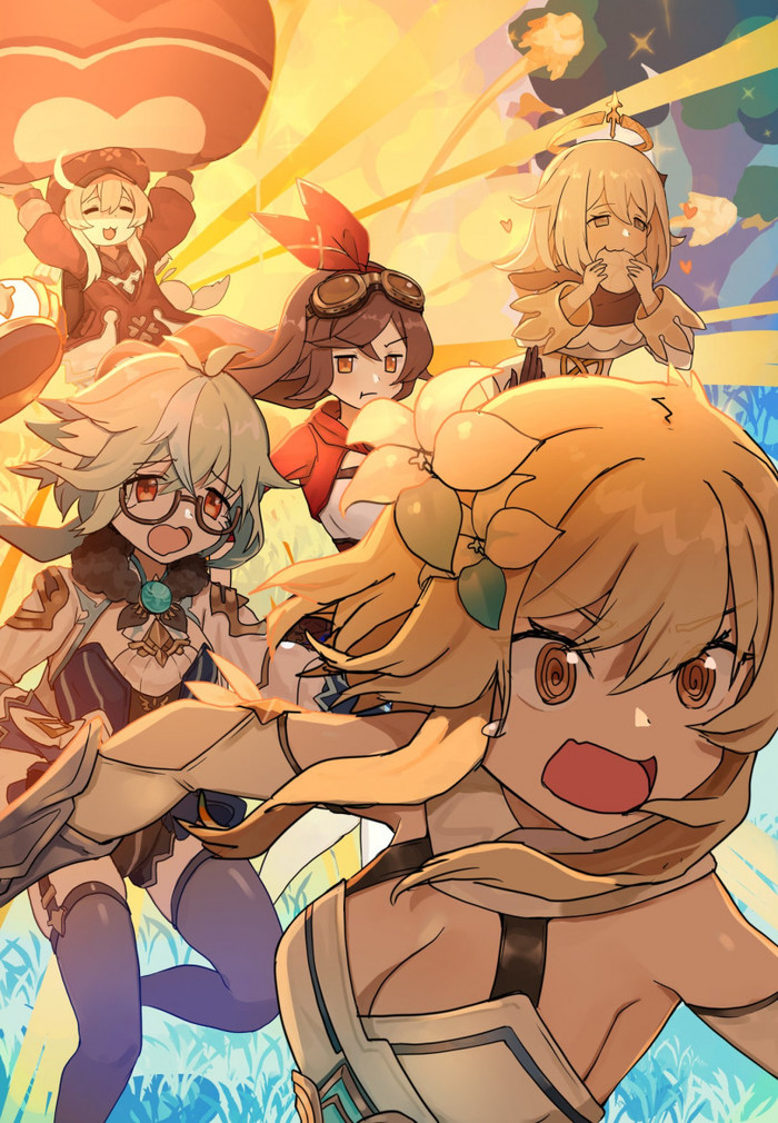   Anime Art, Genshin Impact, Lumine (Genshin Impact), Klee (Genshin Impact), Sucrose, Amber, Paimon (Genshin Impact)