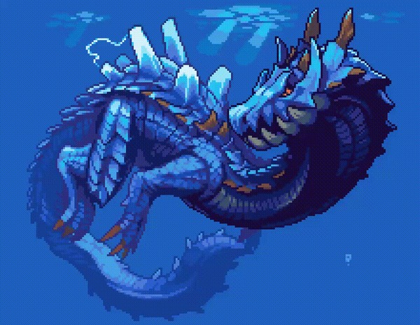 "Monster Hunter's Lagiacrus - Lord of the Seas" & "Monster Hunter's Deviljho, the all-devouring pickle" byJon Davies , Monster Hunter, Game Art, , , Pixel Art