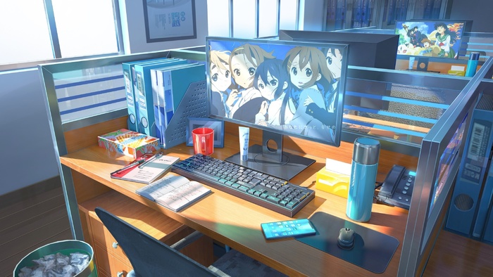 В офисе Аниме, Anime Art, Original Character, K-on, Арт, Иллюстрации, Офис, Рабочее место, Summer Wars