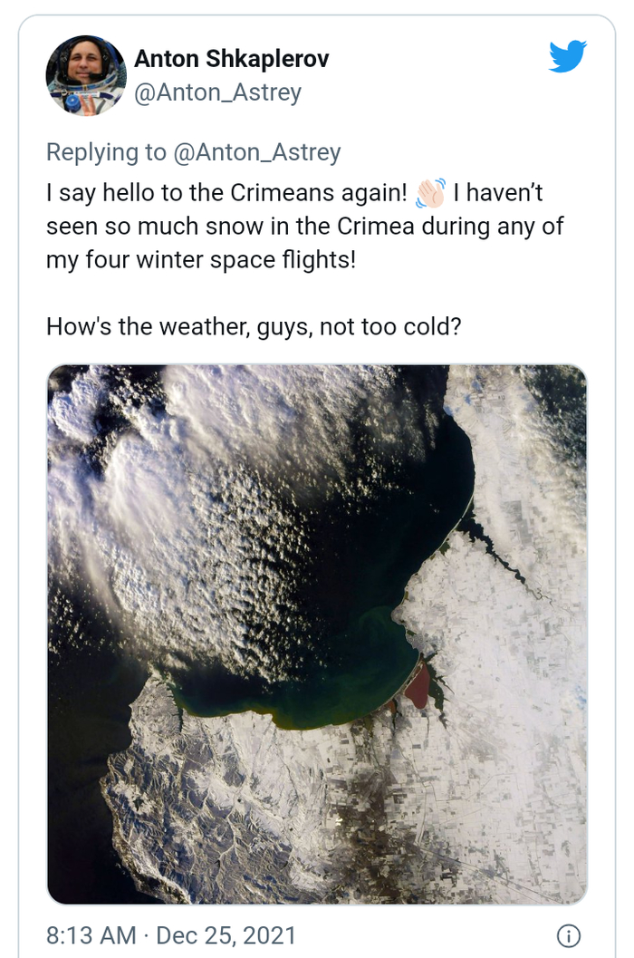 В Крыму выпало столько снега, что его вид поражает даже из космоса Космос, Снимки из космоса, Интересное, Фотография, Снег, Зима, Космонавты, Орбита, Россия, МКС, Длиннопост, Крым