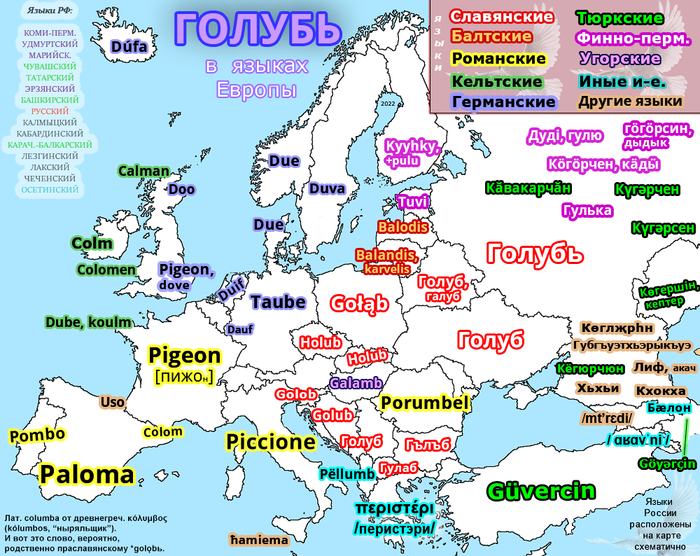 Голубь в языках Европы и европейской части России Карты, Иностранные языки, Голубь, Лексика, Лингвистика, Этимология, Птицы