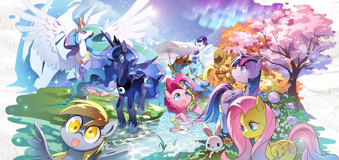   My Little Pony, Princess Luna, Twilight Sparkle, Applejack, Fluttershy, Princess Celestia, Rainbow Dash, Pinkie Pie, Rarity, Derpy Hooves