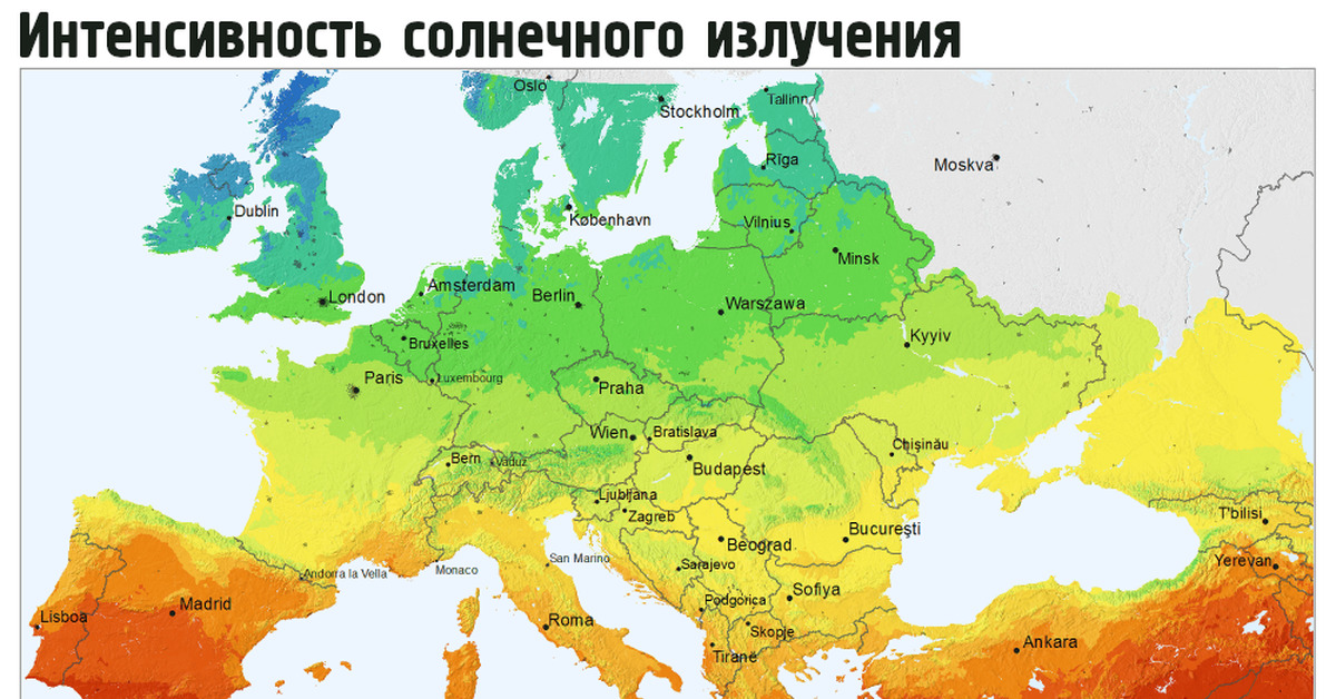 Количество солнечной радиации европейской равнины. Солнечная инсоляция. Карта солнечной энергии России.