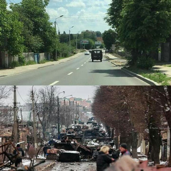 Буча до и после "демилитаризации" российскими "освободителями"