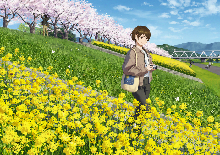 Весна в полном расцвете Аниме, Anime Art, Original Character, Пейзаж, Рапс, Сакура