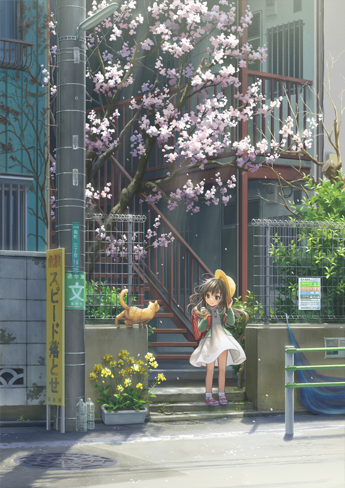 Весна Аниме, Anime Art, Original Character, Loli, Кот, Сакура, Рапс