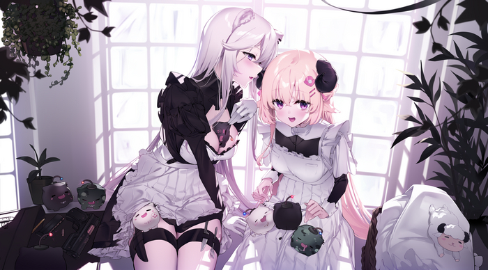 Maid Botan and Watame Virtual YouTuber, Hololive, Shishiro Botan, Tsunomaki Watame, , Anime Art, Pixiv