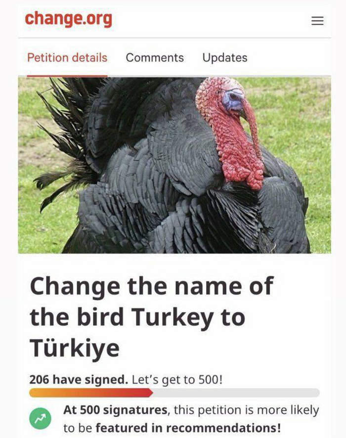 Петиция по переименованию птицы Турция, Петиция, Переименование, Индейка, Change org, Троллинг