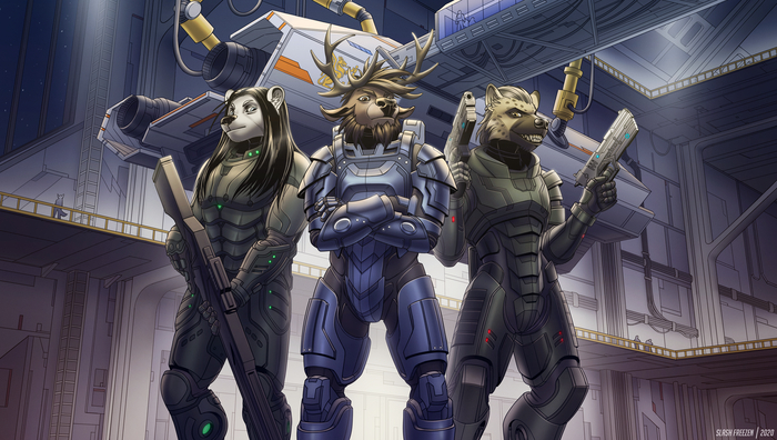 Protectors of the Universe , Furry Art, , Furry deer, Furry Panda, Furry hyena, Sci-fantasy