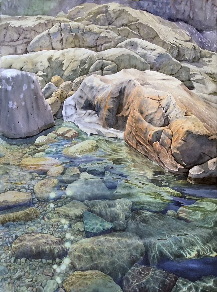 Вода и камни. Акварель