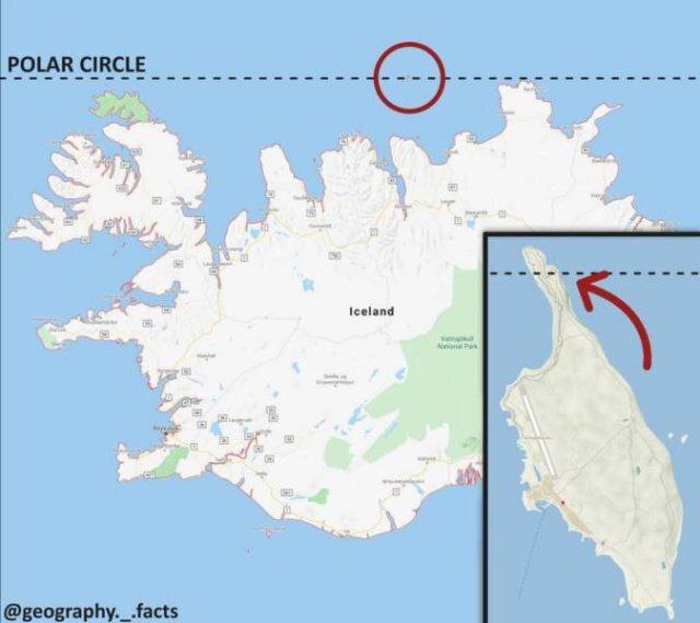 Полярный круг пересекает Исландию только на маленьком острове