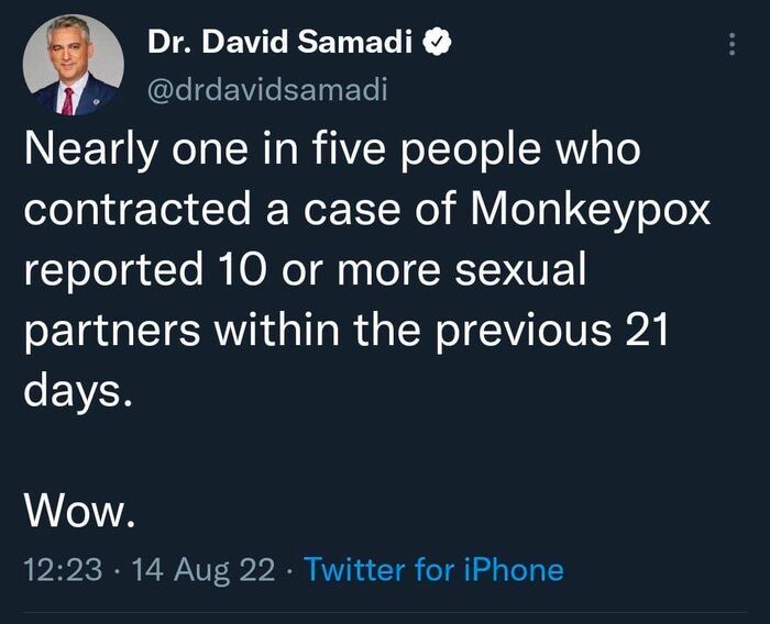 Ответ на пост «Каждый пятый, кто заболел обезьяньей оспой, сообщил что он имел больше 10 половых партнеров за последние 21 день»
