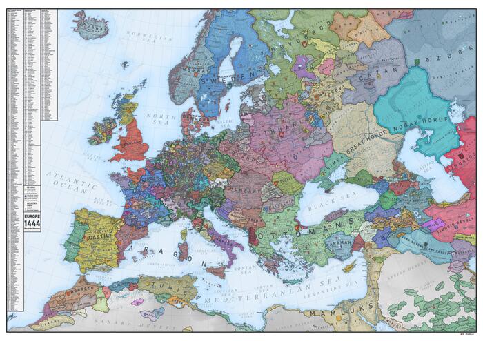 Средневековая Европа в 1444 году Средневековье, Европа, Карта мира, Карты, Германия, Османская империя, Факты