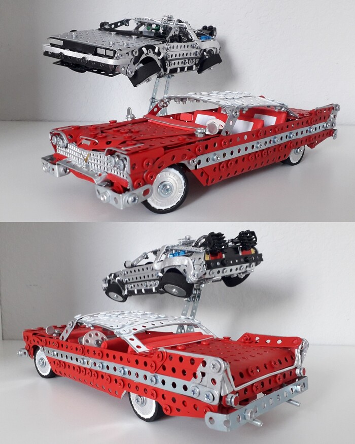 1958 Plymouth Fury, DeLorean DMC-12 из металлического конструктора, проволоки, резины и картона