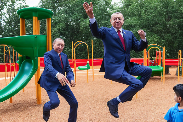 Recep Tayyip Erdogan and Vladimir Putin swinging at children playground Midjourney,  ,  ,  ,  ,  ,  