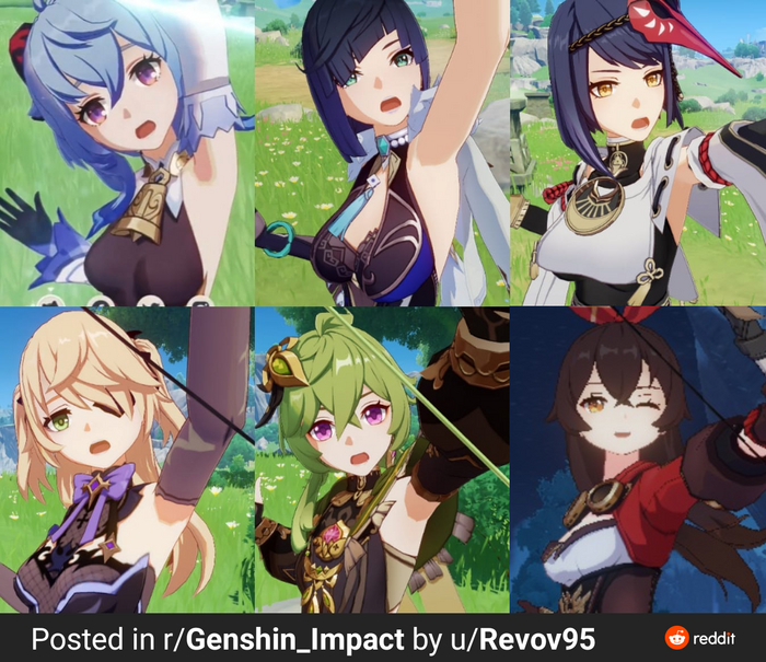    Ganyu (Genshin Impact), Yelan (Genshin Impact), Kujou Sara (Genshin Impact), Fischl (Genshin Impact), Amber, Collei (Genshin Impact), Genshin Impact, Anime Art, 