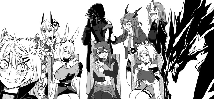 Arknights operators , Anime Art, Arknights, Gavial, Hoshiguma, Matoimaru, Nian, Dusk (Arknights), Silence (Arknights), ,  , 