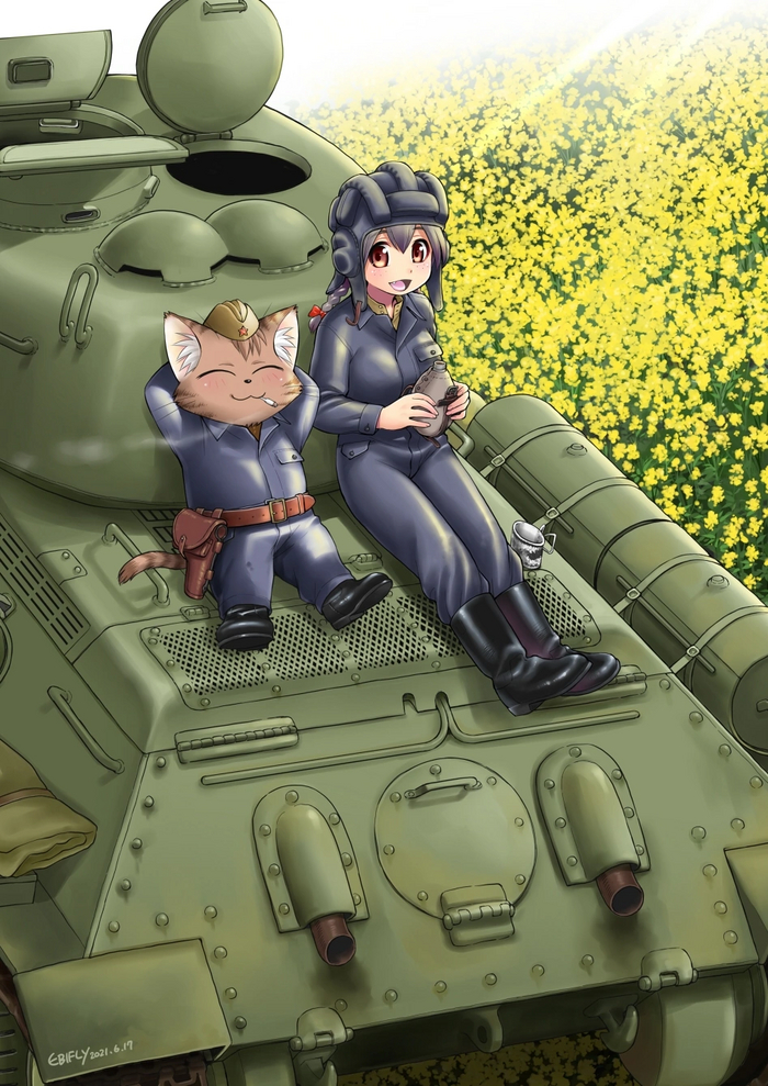 В танковой бригаде не приходится тужить! Арт, Аниме, Anime Art, Т-34, Толстые котики, Вторая мировая война, Советская техника