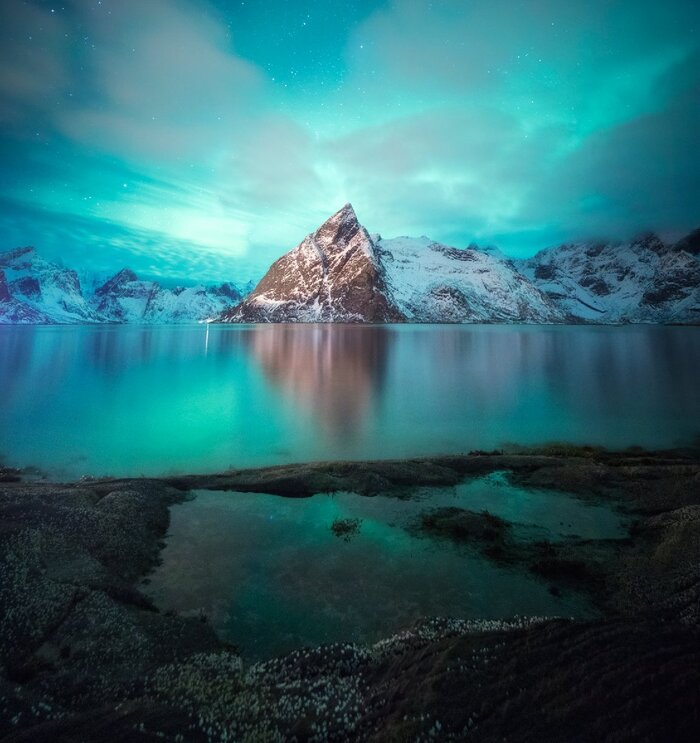 Северная ночь Природа, Скалы, Горы, Пейзаж, Норвегия, Полярное сияние, Фьорды, Фотография