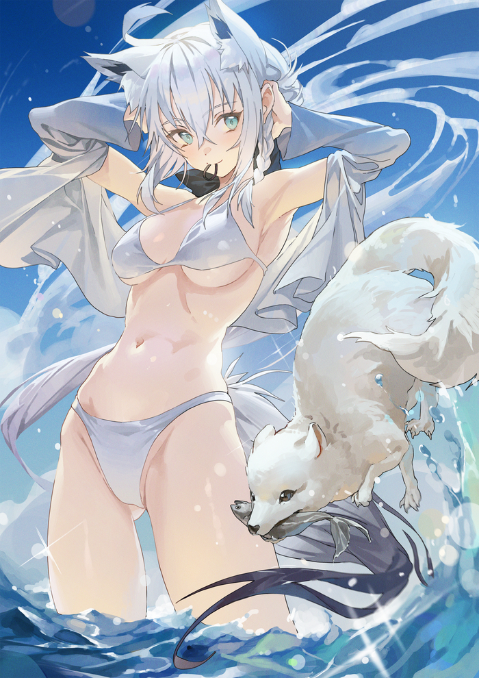 Kurokami Fubuki Anime Art, Арт, Девушки, Аниме, Рисованная эротика, Kurokami Fubuki, Animal Ears, Хвост, Hong, Virtual YouTuber, Бикини, Hololive