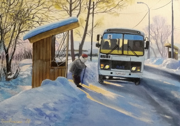 Мои картины ч.14 (ПАЗик) Пазик, Автобус, Зима, Картина маслом, Искусство, Живопись, Остановка, Провинция