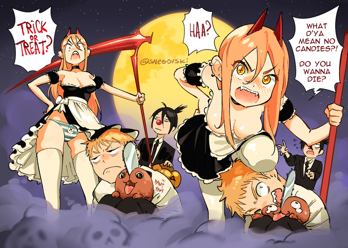 Что значит у тебя нет конфет?! Ты сдохнуть хочешь?! Snegovski, Арт, Аниме, Anime Art, Рисованная эротика, Chainsaw Man, Power (Chainsaw Man), Denji, Aki Hayakawa, Pochita, Панцу