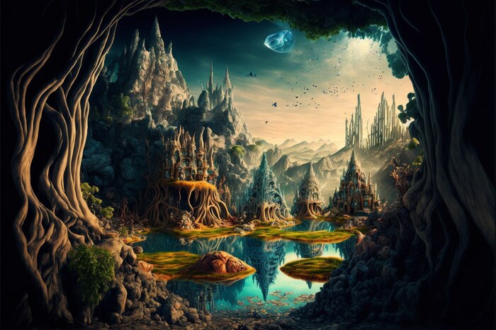 СКАЗОЧНЫЕ ОБОИ НА РАБОЧИЙ СТОЛ Midjourney, Арты нейросетей, Нейронные сети, Цифровой рисунок, Длиннопост, Фоторедактор, Обои на рабочий стол, Сказка, Река, Озеро, Красота, Волшебство, Магия, Ночь, День, Луна