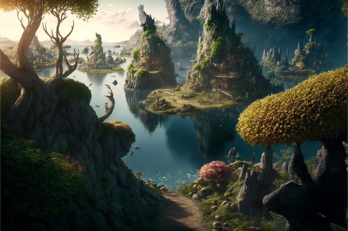 СКАЗОЧНЫЕ ОБОИ НА РАБОЧИЙ СТОЛ Midjourney, Арты нейросетей, Нейронные сети, Цифровой рисунок, Длиннопост, Фоторедактор, Обои на рабочий стол, Сказка, Река, Озеро, Красота, Волшебство, Магия, Ночь, День, Луна