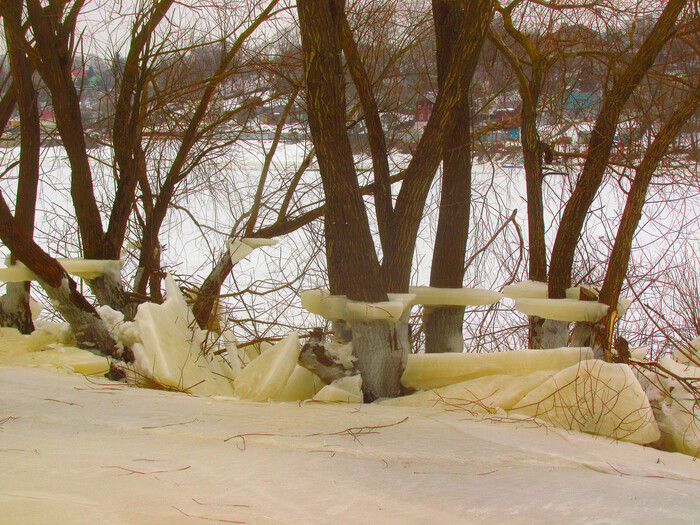 "И снизу лед, и сверху..." Паводок, Ока, Зима, Московская область, Необычное