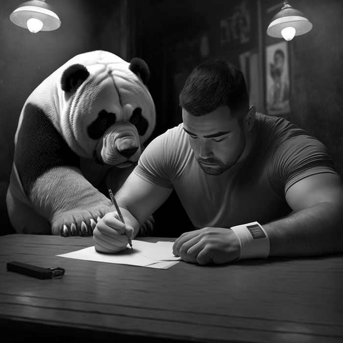 Грустный боксер подписывает контракт на бой с пандой. Midjourney