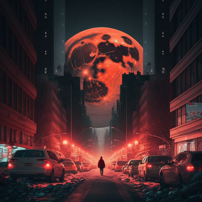 Запрос в Midjourney по первому куплету песни группы "Кино" - Печаль Midjourney, Нейронные сети, Арт, Группа Кино, Виктор Цой, Печаль, Город, Луна, Длиннопост