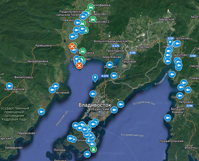 Карта рыболовных мест Дальнего Востока