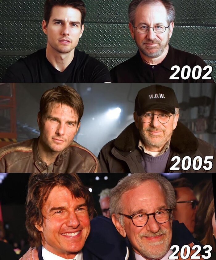 Стивен Спилберг и Том Круз в 2002, 2005 и 2023-м