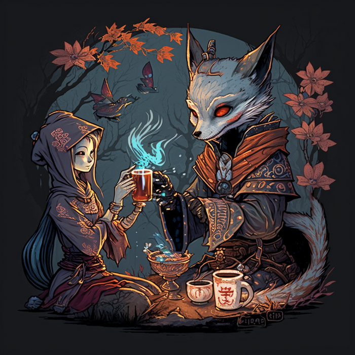 Midjourney, undead kitsune drinking tea with fairy of the forest  , Midjourney,  , , , 