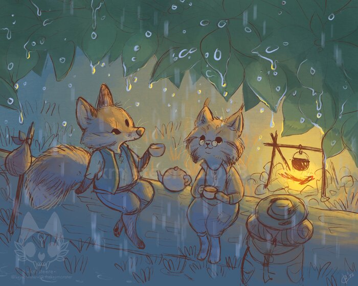 Чай под дождём Фурри, Furry Fox, Furry Cat, Костер, Дождь, Скетч, Furry Art