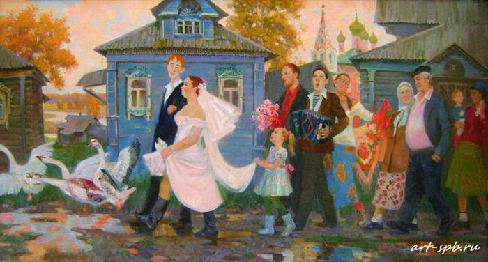 на картине изображена веселая деревенская свадьба пестрая
