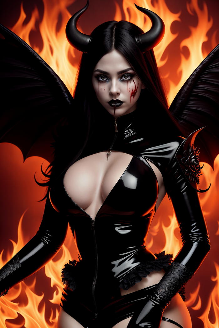 Demoness by Stable Diffusion Нейронные сети, Арты нейросетей, Цифровой рисунок, Stable Diffusion, Компьютерная графика, Digital, Демон, Огонь, Длиннопост