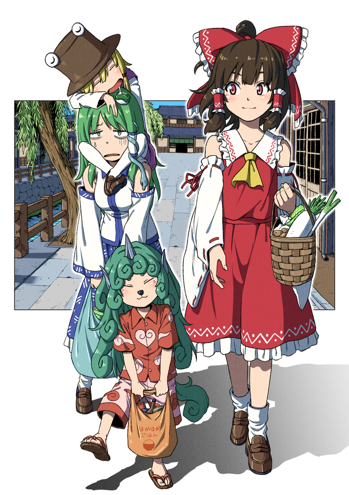    Touhou, Hakurei Reimu, Kochiya Sanae, Moriya Suwako, Komano Aunn, Anime Art, , , Inuno rakugaki