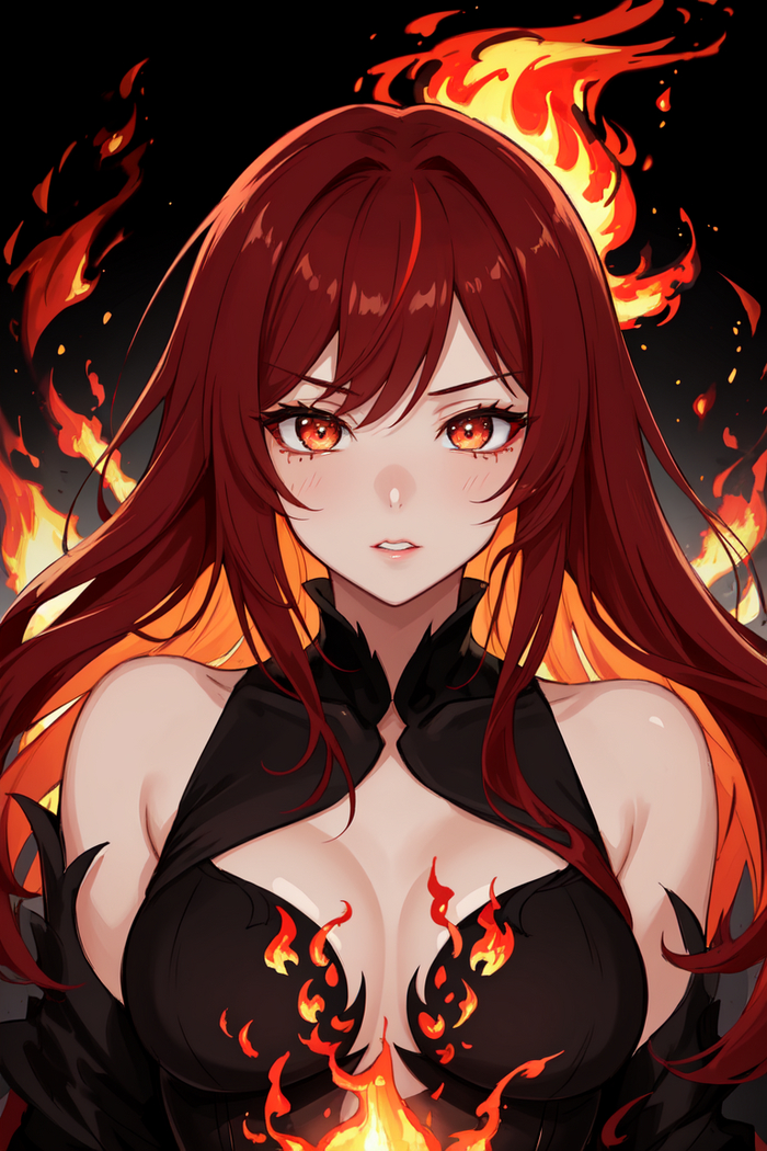 Flaming girls Девушки, Аниме, 2D, Stable Diffusion, Арты нейросетей, Anime Art, Длиннопост, Арт, Нейронные сети, Искусственный интеллект, Магия, Огонь, Красные волосы, Красные глаза