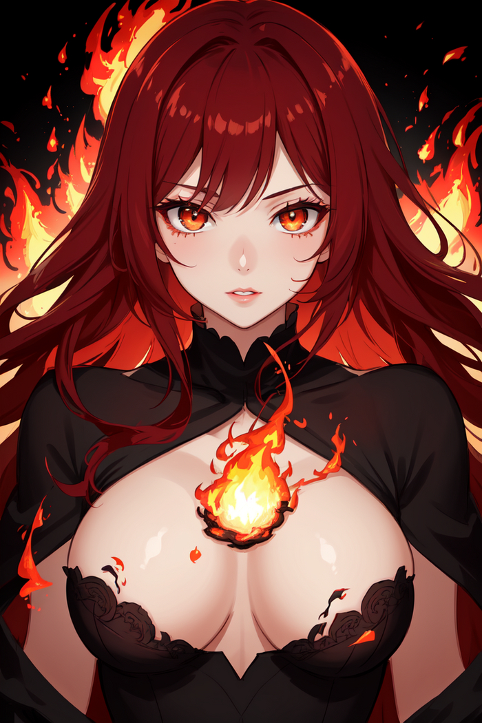Flaming girls Девушки, Аниме, 2D, Stable Diffusion, Арты нейросетей, Anime Art, Длиннопост, Арт, Нейронные сети, Искусственный интеллект, Магия, Огонь, Красные волосы, Красные глаза